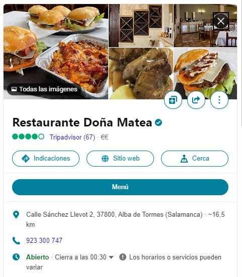 web de un restaurante Bing Places
